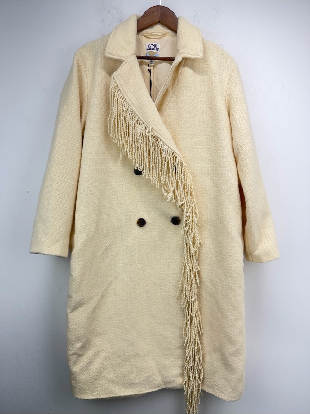 Future Collective size Medium Women’s Cream Double Breasted Fringe Coat NWT
